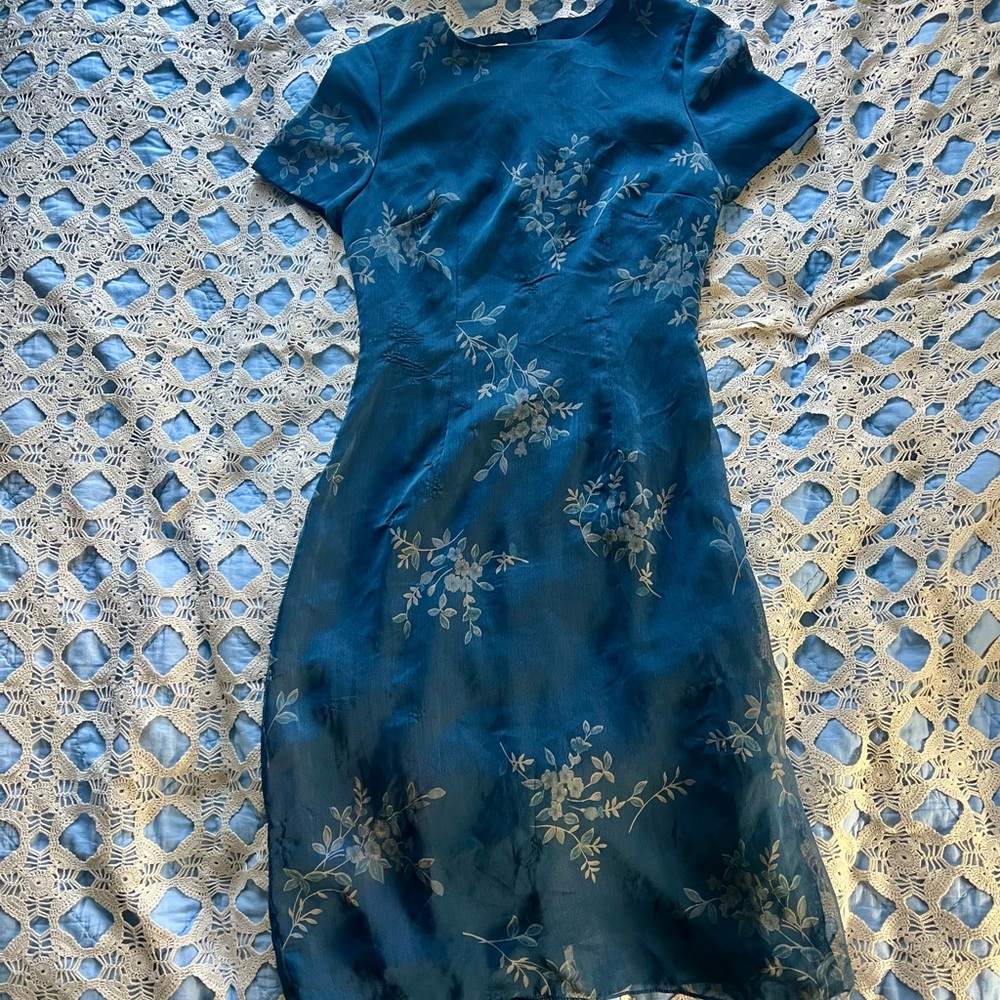 Vintage 90s Teal Floral Silk Chiffon Sheath Dress